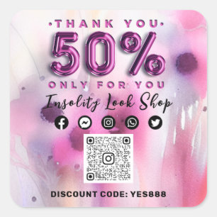 Thank 50% Off QRCODE Logo Discount Code Floral Square Sticker
