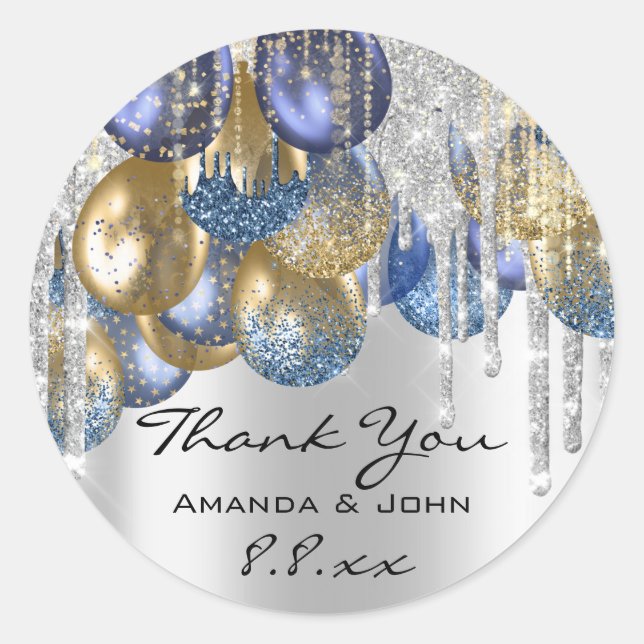 Thank Bridal Wedding Ballon Blue Navy Drips Silver Classic Round Sticker (Front)
