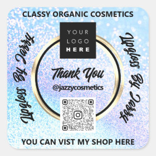 Thank Business QR Code Logo Blue Glitter  Square Sticker