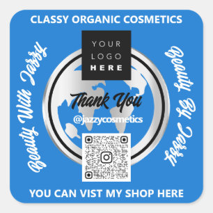 Thank Business QR Code Logo Gold MAP Globe Blue Square Sticker
