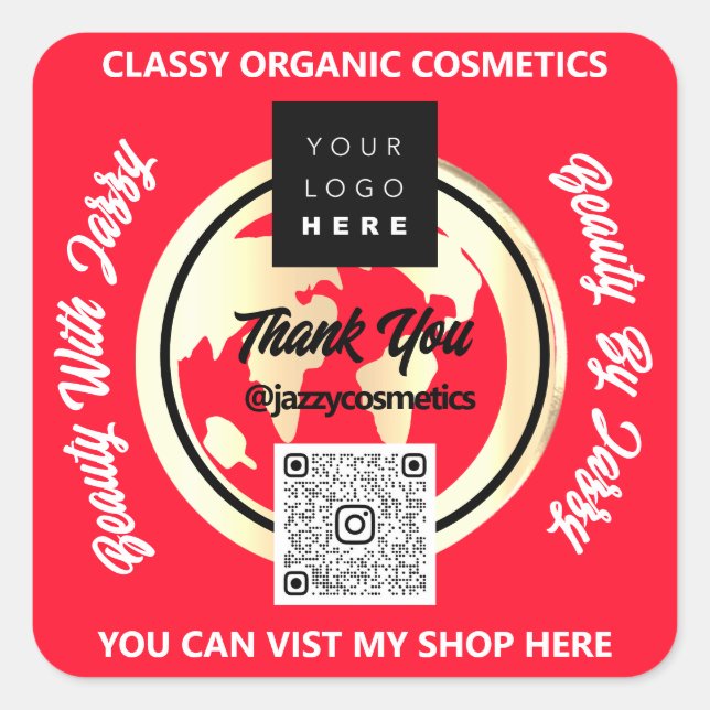 Thank Business QR Code Logo Gold MAP Red Square Sticker (Front)