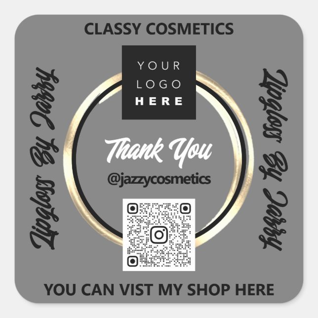 Thank Business QR Code Logo Golden Circle Framed Square Sticker (Front)