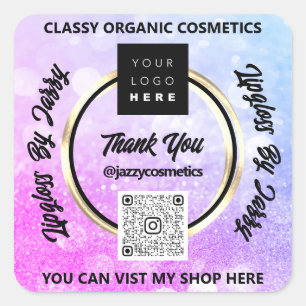 Thank Business QR Code Logo Pink Blue Square Sticker