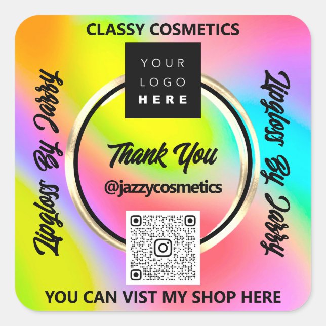 Thank Business QR Code Logo Pink Holograph Pink Square Sticker (Front)