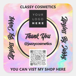 Thank Business QR Code Logo Pink Holographic Scan Square Sticker