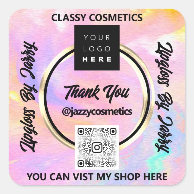 Thank Business QR Code Logo Pink Holographic Scan Square Sticker (Front)
