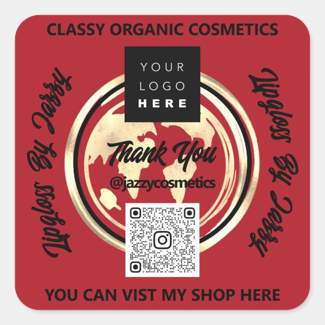 Thank Business QR Code Logo World Map Earth Red Square Sticker (Front)