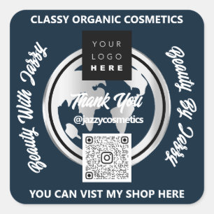 Thank Business QRCode Logo Silver Map Globe Navy Square Sticker
