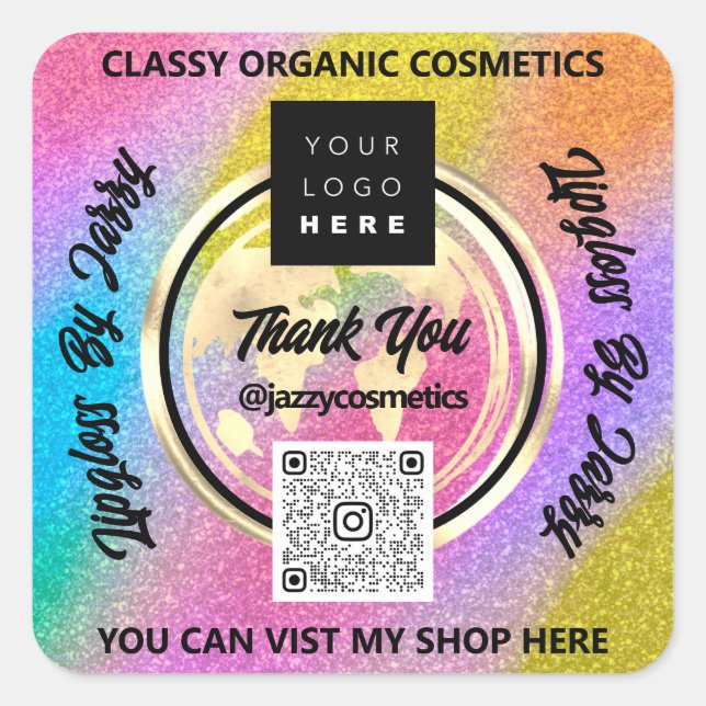Thank Business QRCode Logo World Earth Glitter Square Sticker (Front)