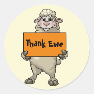 Thank Ewe Funny Cartoon Sheep with Sign Classic Round Sticker