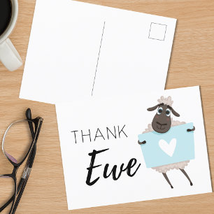 Thank Ewe Sheep Blue with Heart Thank You Postcard