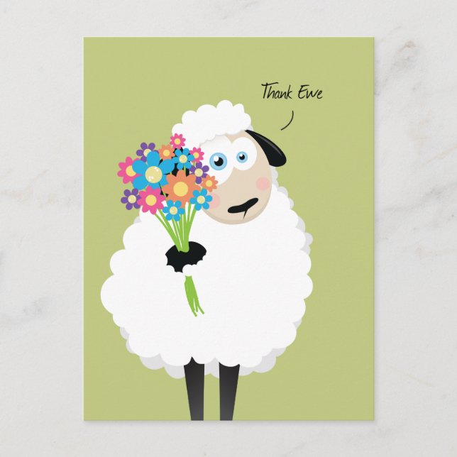 Thank Ewe Sheep with Flowers Thank You Postcard (Front)