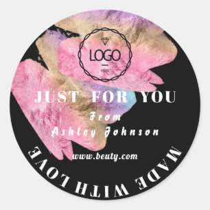 Thank Logo Made With Love Pink Rose Black Classic Round Sticker