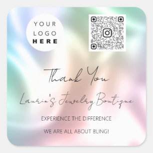 Thank Logo QrCode Online Shop Pink Holographic Sq Square Sticker