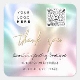 Thank  Logo QrCode Online Shop Pink Holographic Square Sticker