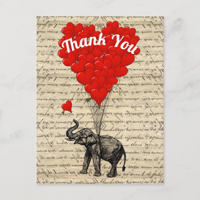 Thank love heart balloons and elephant postcard (Front)