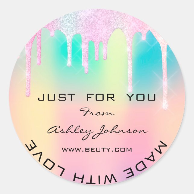 Thank Made With Love Unicorn Holograph Rainbow Classic Round Sticker (Front)