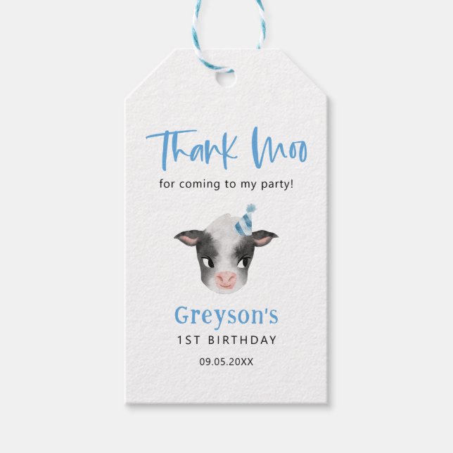Thank Moo Blue Cow Birthday Party  Gift Tags (Front)