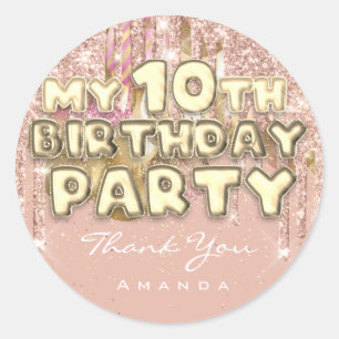 Thank Name 10th Birthday PartyGlitter Ballon Gold Classic Round Sticker
