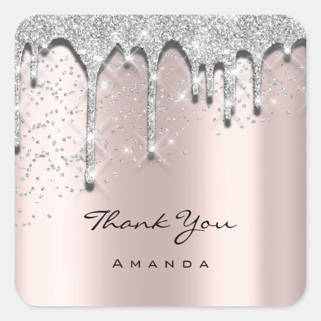 Thank Name 16th Baby Shower Glitter 3D Silver Rose Square Sticker (Front)