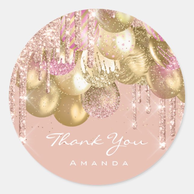 Thank Name 16th Bridal Glitter Ballon Gold Confett Classic Round Sticker (Front)
