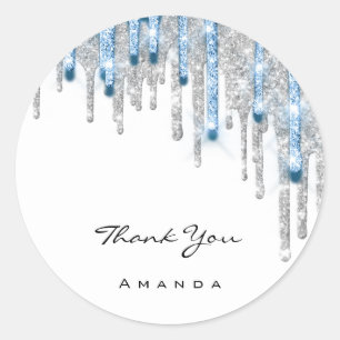 Thank Name 16th Bridal Silver Glitter 3D DripBlue Classic Round Sticker
