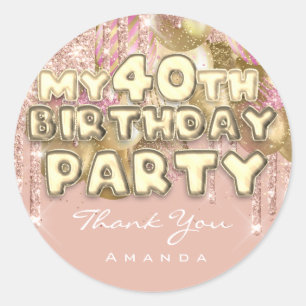 Thank Name 40th Birthday PartyGlitter Ballon Gold Classic Round Sticker