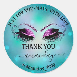 Thank Name Boutique Eyelash Shop Teal Pink Ombre Classic Round Sticker