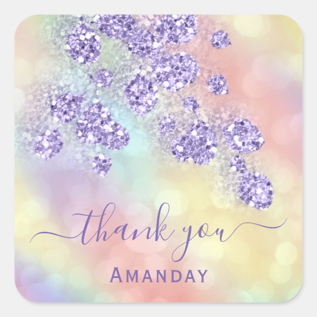 Thank Name Holograph Floral Glitter Dusty Lavender Square Sticker (Front)