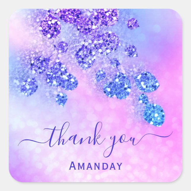 Thank Name Holograph Pink Bridal Royal Blue Cobalt Square Sticker (Front)