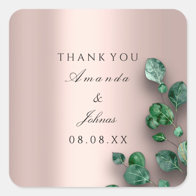 Thank Name Rose Blush Eucalyptus Green Wedding Square Sticker (Front)