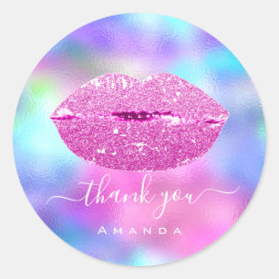 Thank Name Sweet16th Bridal Pink Holographic Lips Classic Round Sticker