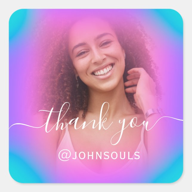 Thank Photo Neon Holograph Pink Bridal Sweet16th Square Sticker (Front)