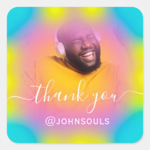 Thank Photo Neon Holograph Singer Music DJ Blue Square Sticker
