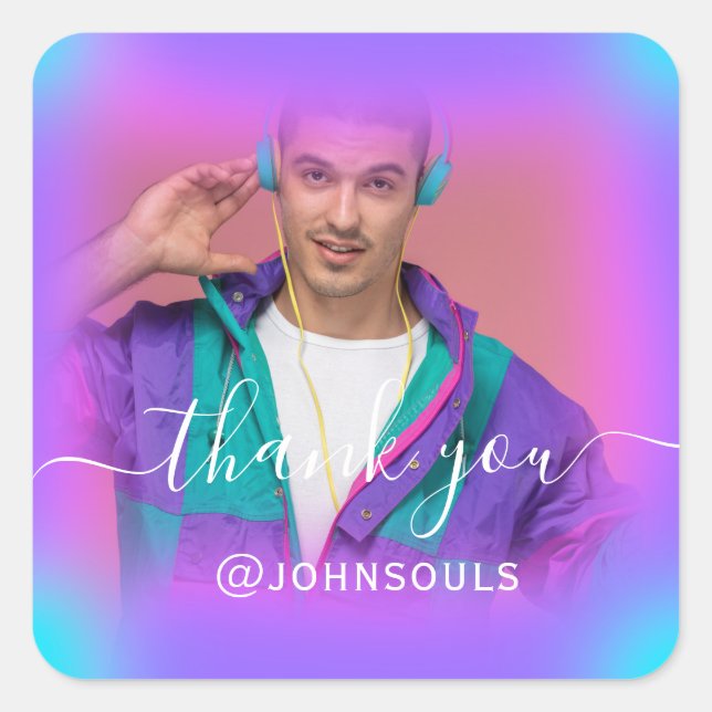 Thank Photo Neon Pinky Holograph Singer Music DJ Square Sticker (Front)