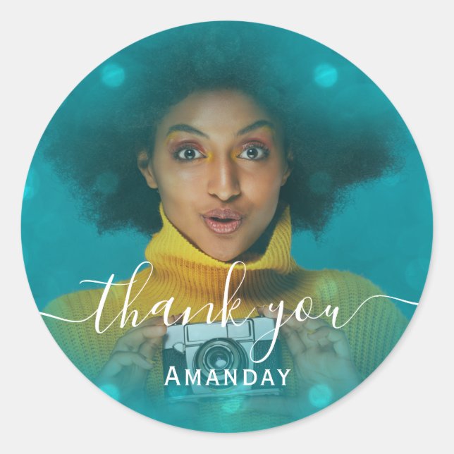 Thank Photo  Pink Birthday Party Girl Teal Classic Round Sticker (Front)