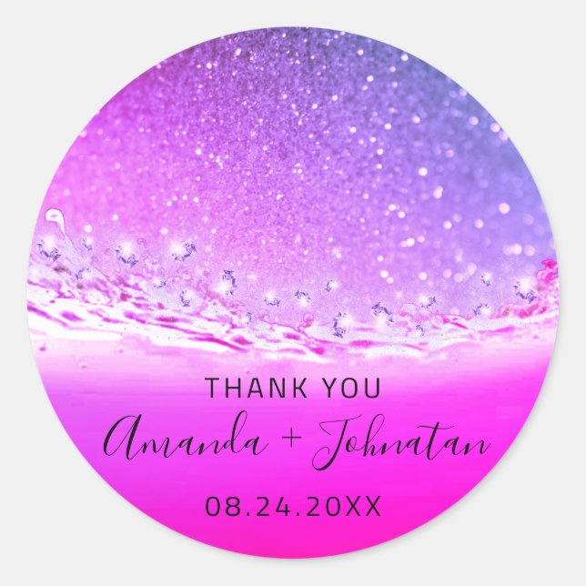 Thank Rose Name Date Spark Beach Waves Fuchsia Classic Round Sticker (Front)