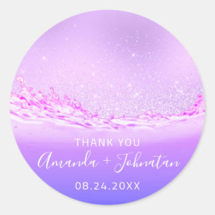 Thank Rose Name Date Spark Purple Waves Pink Classic Round Sticker