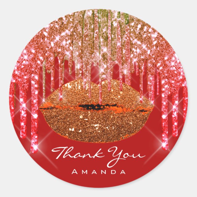 Thank Small Business Name Glitter DripS. Red  Lips Classic Round Sticker (Front)
