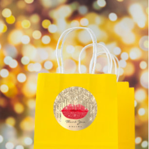Thank Small Business Name Gold Red Glitter Lips Classic Round Sticker