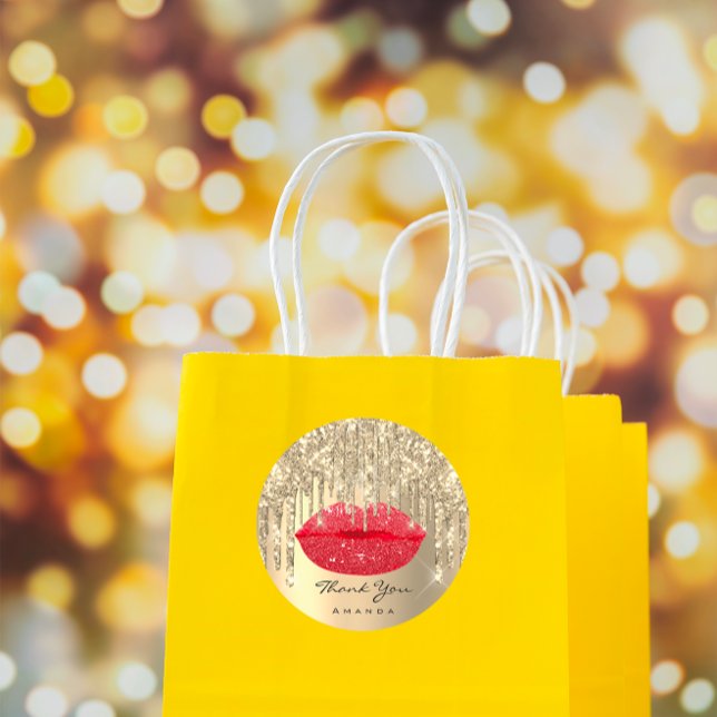 Thank Small Business Name Gold Red Glitter Lips Classic Round Sticker (Thank Small Business Name Gold Red Glitter Lips Classic Round Sticker)