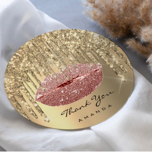 Thank Small Business Name Gold Rose Glitter Lips Classic Round Sticker