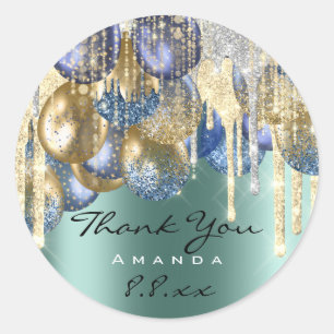 Thank Wedding Birthday Ballon Teal Drips Gold Drip Classic Round Sticker