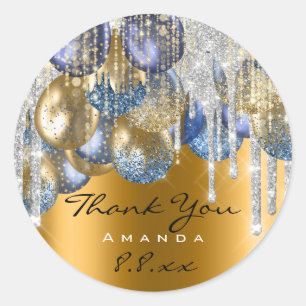 Thank Wedding Birthday Ballons Blue Drips Gold Classic Round Sticker