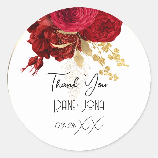 Thank Wedding Favour Bridal Sweet 16th Red White Classic Round Sticker (Front)
