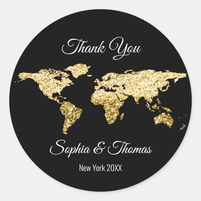Thank Wedding Golden World Destination Map Black Classic Round Sticker (Front)