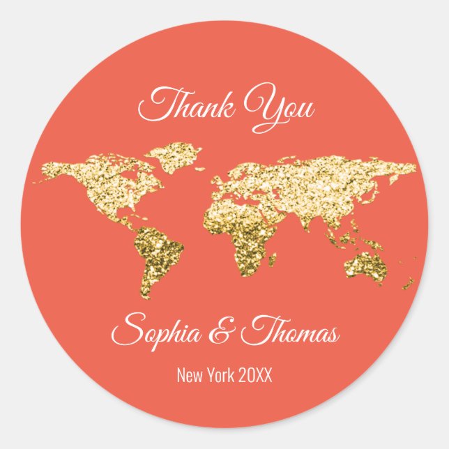 Thank Wedding Golden World Destination Map Coral Classic Round Sticker (Front)