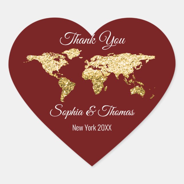 Thank Wedding Golden World Destination Map Maroon Heart Sticker (Front)