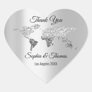 Thank Wedding World Map Destination Grey Heart Sticker
