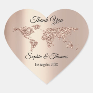 Thank Wedding World Map Destination Rose Heart Sticker